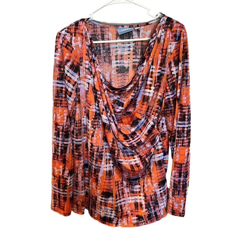 Simply Vera long sleeve blouse cowl neck orange, black multi XL Lace at neck